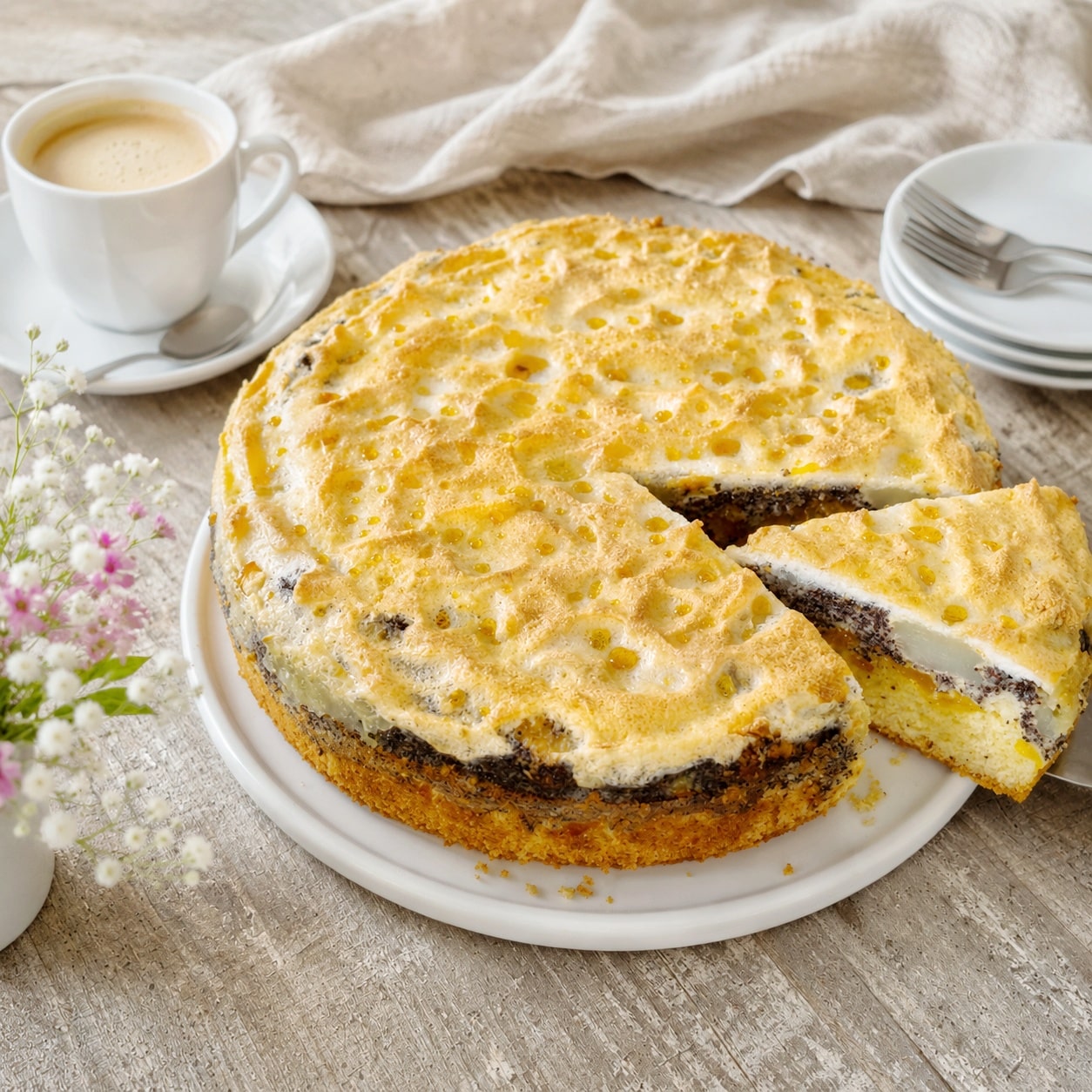 Hausgemachter Mohnkuchen mit Mandarinen und goldbrauner Baiserschricht auf rustikalen Holztisch neben einer Tasse Kaffee