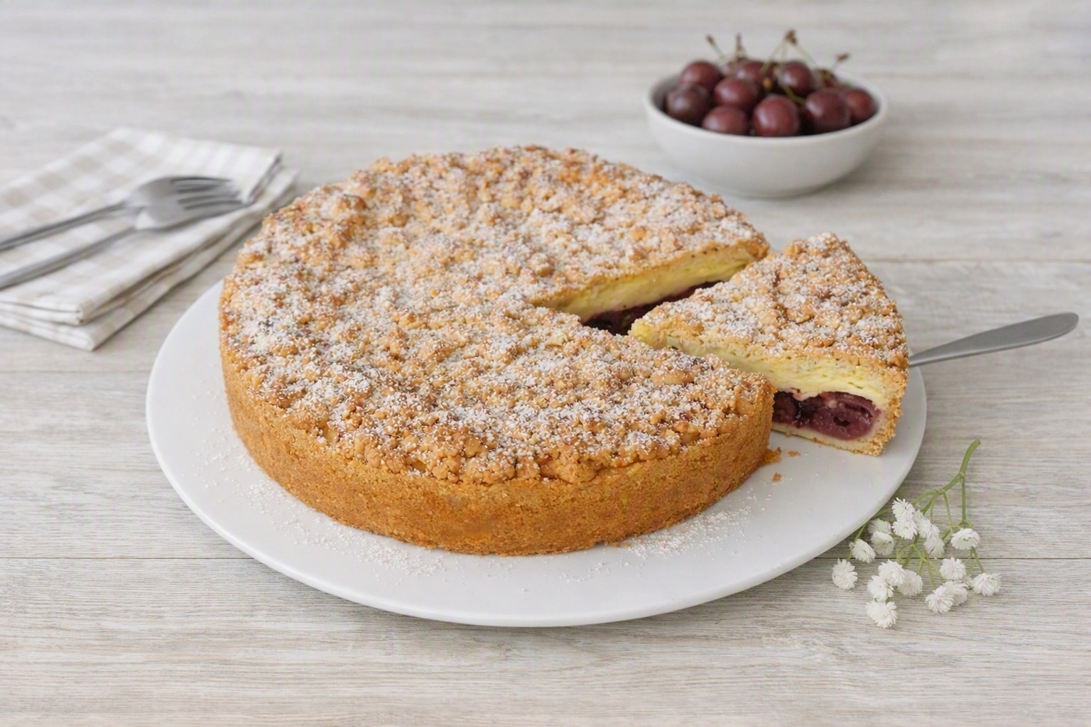 Streuselkuchen mit Kirschen und Schmand auf weißem Tortenteller, einem Herausgeschnittenen Stück, im Hintergrund eine Schüssel Sauerkirschen auf hellem Holzuntergund