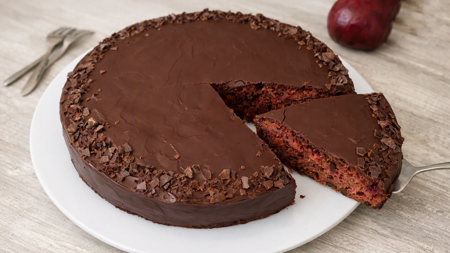 Ein saftiger rote-Beete-Schokokuchen mit Apfelstückchen auf einem weißen Tortenteller, angeschnitten, mit glänzendem Schokoladenguss und einer roter Beete als Dekoration im Hintergrund